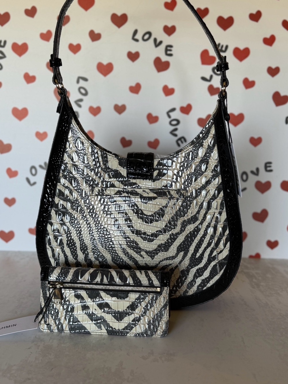 Zebra-Print Croc-Embossed Shoulder Bag with Matching Wallet - Black & Cream - Picture 6 of 12